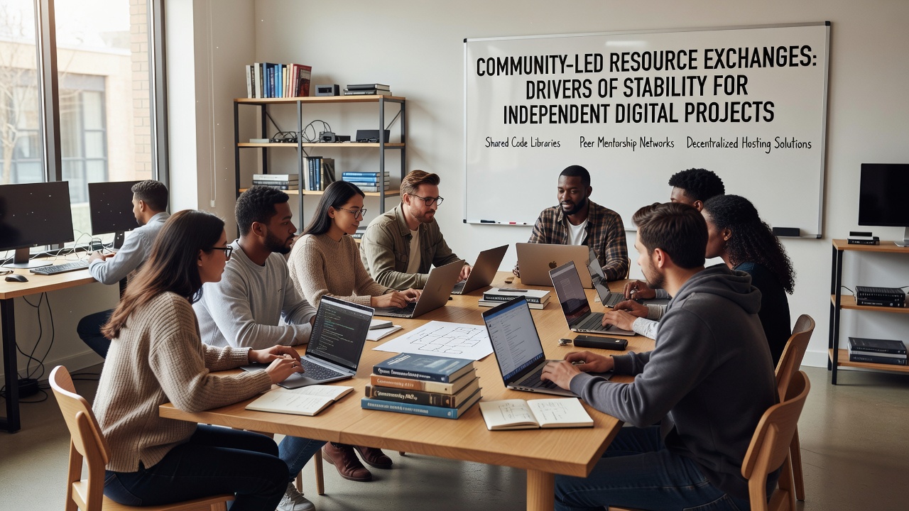 Group of independent developers reviewing shared resource logs and planning collaborative hosting allocations